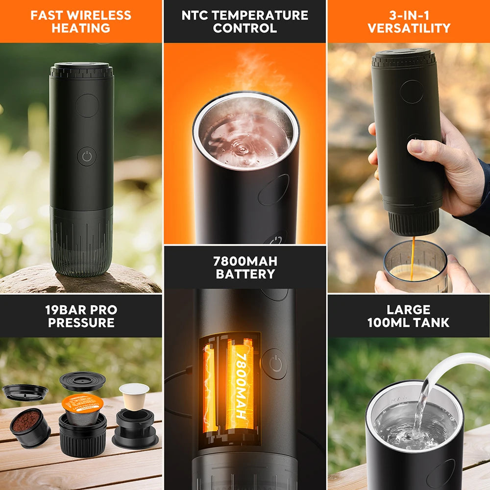 Wireless Electric Portable Espresso Coffee Machine 3-in-1 Travel Coffee Maker for Car & Camping Coffee