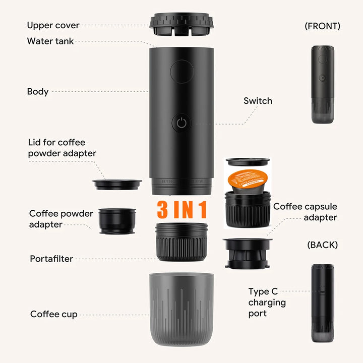 Wireless Electric Portable Espresso Coffee Machine 3-in-1 Travel Coffee Maker for Car & Camping Coffee